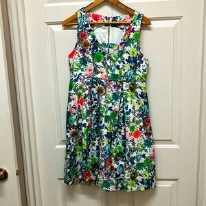 Floral print dress, sleeveless, empire waistline, cream, blue, green, size M